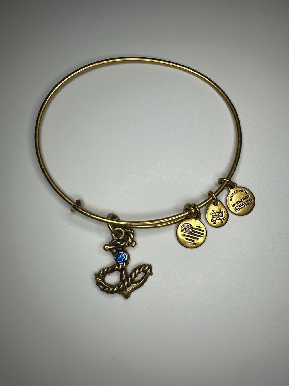 Alex and Ani Gold-Tone Anchor Charm Bangle Bracelet with Blue Crystal